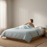 Une personne allongée dans un lit aux draps bleu clair dans une chambre lumineuse et minimaliste au style scandinave.