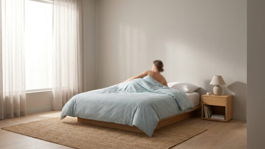 Une personne allongée dans un lit aux draps bleu clair dans une chambre lumineuse et minimaliste au style scandinave.