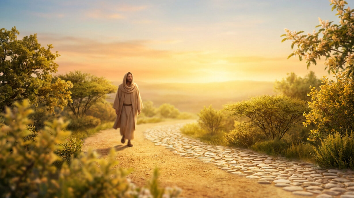 Une silhouette en robe marchant sur un chemin pavé au coucher du soleil.