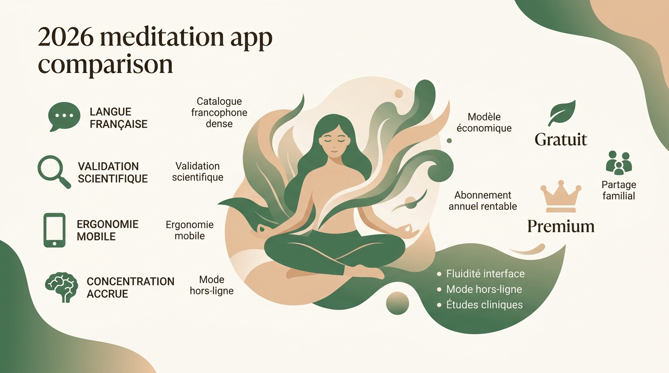 Comparatif des interfaces d'applications de méditation en 2026