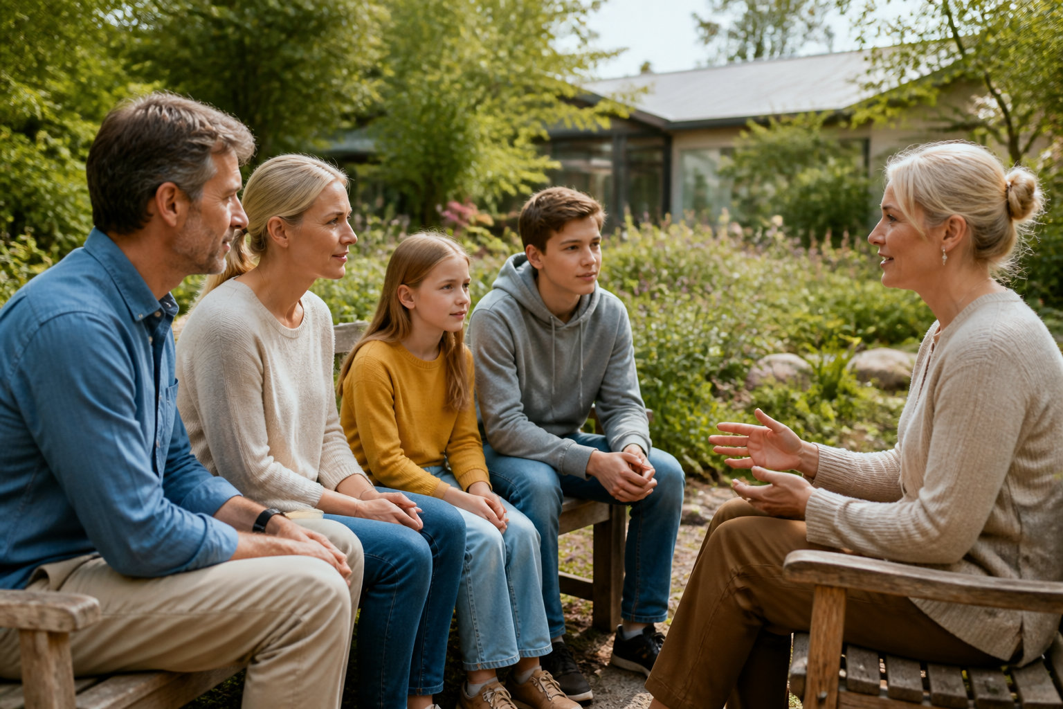 Consultation familiale dans un jardin thérapeutique