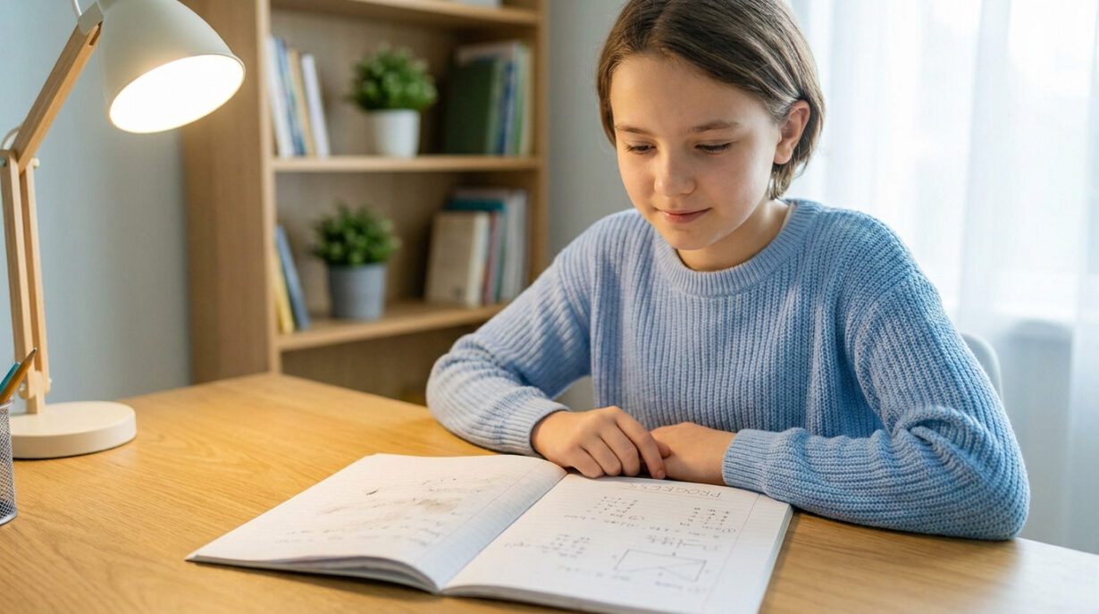 Une jeune élève concentrée étudie sereinement devant son cahier.