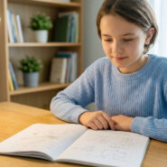 Une jeune élève concentrée étudie sereinement devant son cahier.