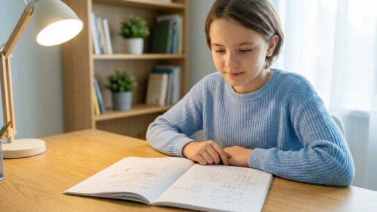 Une jeune élève concentrée étudie sereinement devant son cahier.
