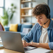 Un adolescent avec un casque audio prend des notes sur son ordinateur portable dans un environnement de travail calme.