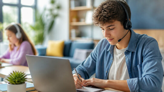 Un adolescent avec un casque audio prend des notes sur son ordinateur portable dans un environnement de travail calme.