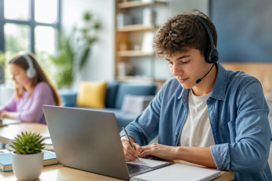 Un adolescent avec un casque audio prend des notes sur son ordinateur portable dans un environnement de travail calme.