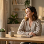 Une femme pensive assise à son bureau avec une tasse fumante, baignée dans la lumière douce d'une fenêtre.