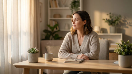 Une femme pensive assise à son bureau avec une tasse fumante, baignée dans la lumière douce d'une fenêtre.