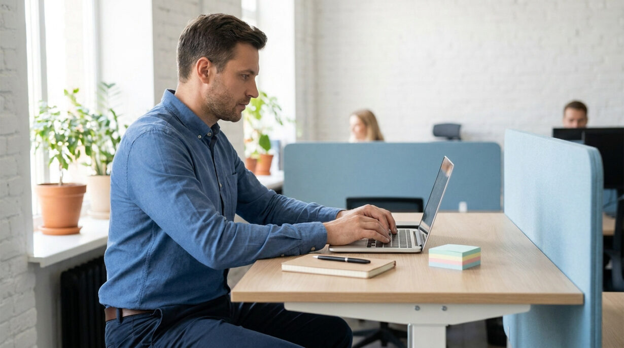Un homme concentré travaille sur son ordinateur portable dans un bureau moderne et lumineux.