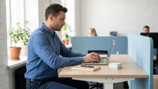 Un homme concentré travaille sur son ordinateur portable dans un bureau moderne et lumineux.