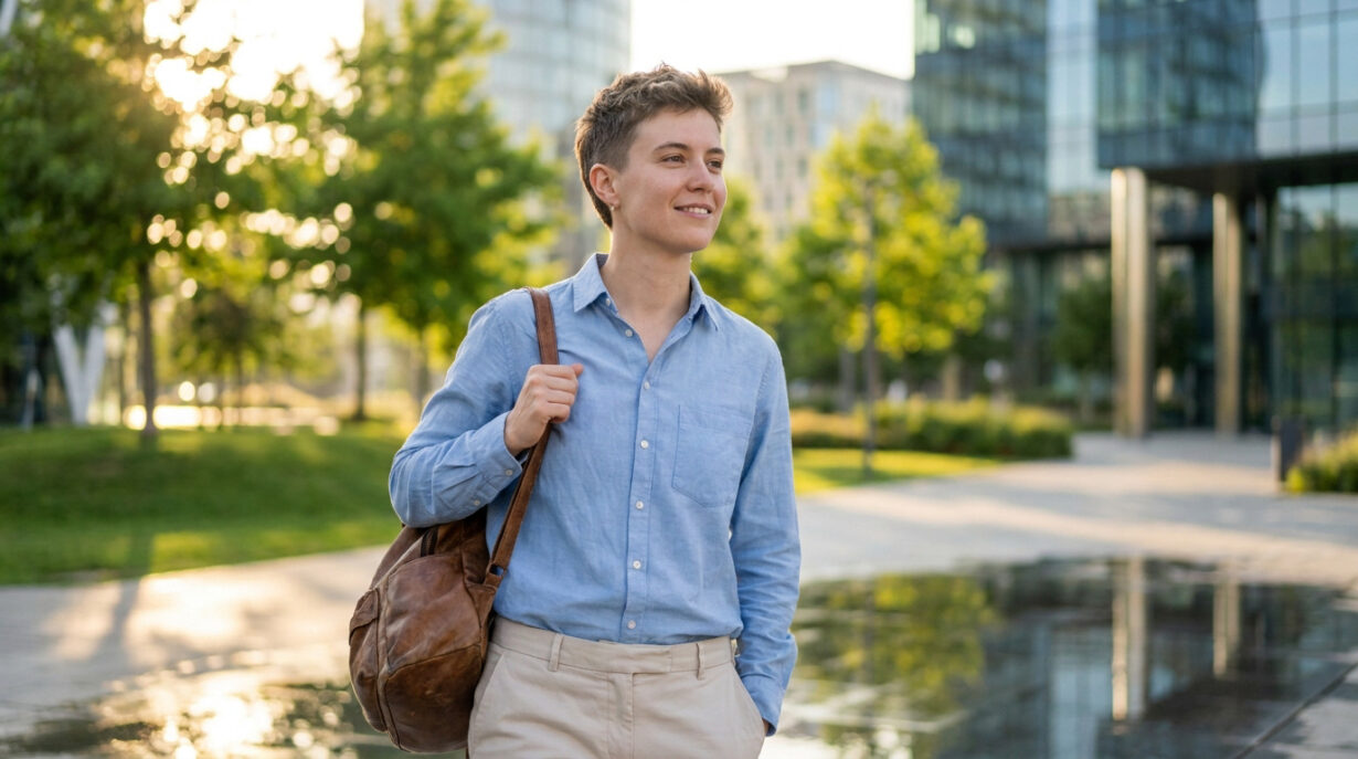 Jeune personne souriante marchant dans un parc urbain, portant une chemise bleue et un sac en cuir, sous une lumière douce.