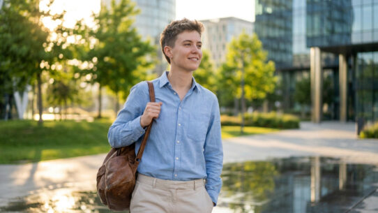 Jeune personne souriante marchant dans un parc urbain, portant une chemise bleue et un sac en cuir, sous une lumière douce.