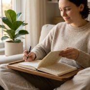 Une femme souriante écrit dans son journal assise confortablement sur un canapé près d'une fenêtre ensoleillée.