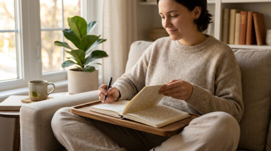 Une femme souriante écrit dans son journal assise confortablement sur un canapé près d'une fenêtre ensoleillée.