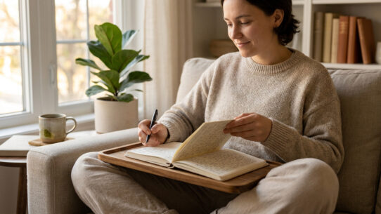 Une femme souriante écrit dans son journal assise confortablement sur un canapé près d'une fenêtre ensoleillée.