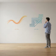 Un homme debout dans une pièce lumineuse observe deux motifs contrastés, l'un fluide et l'autre structuré, sur un mur blanc.