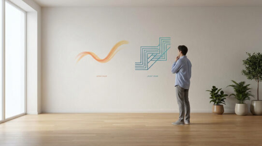 Un homme debout dans une pièce lumineuse observe deux motifs contrastés, l'un fluide et l'autre structuré, sur un mur blanc.