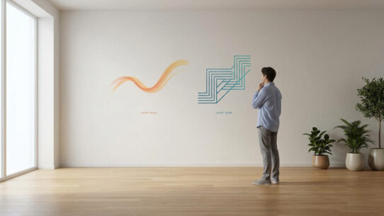 Un homme debout dans une pièce lumineuse observe deux motifs contrastés, l'un fluide et l'autre structuré, sur un mur blanc.