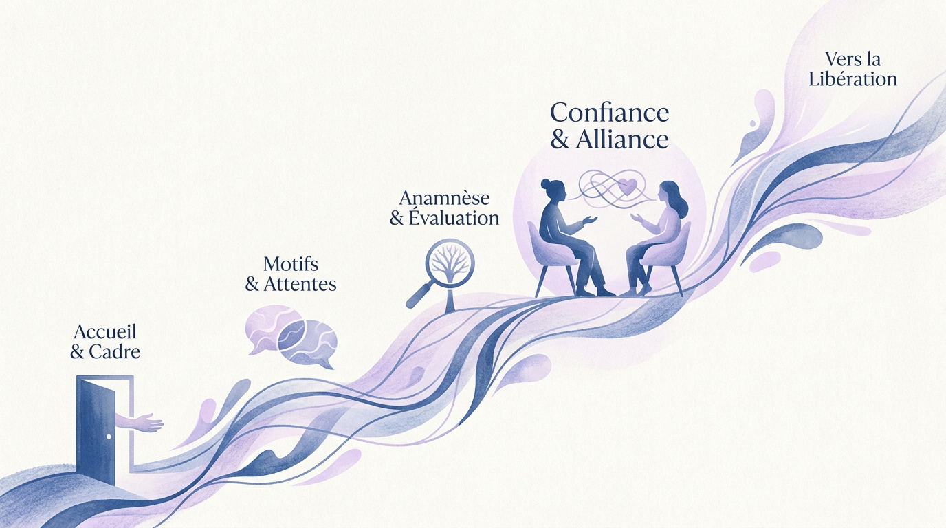 Infographie détaillant les étapes possibles d'une première séance chez le psychologue