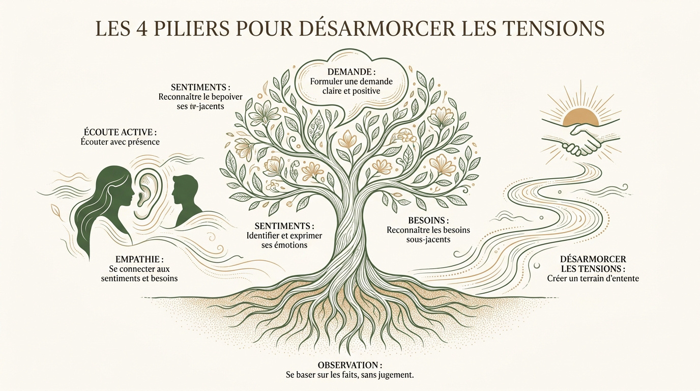 Schéma illustrant les 4 piliers de la communication non-violente pour résoudre les conflits