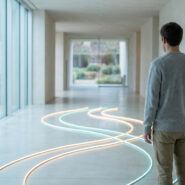 Un homme de dos regarde des lignes lumineuses ondulantes sur le sol dans un couloir minimaliste et lumineux.