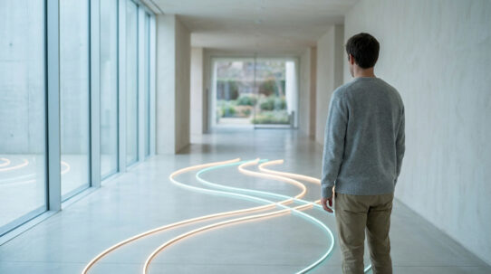 Un homme de dos regarde des lignes lumineuses ondulantes sur le sol dans un couloir minimaliste et lumineux.