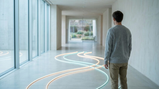 Un homme de dos regarde des lignes lumineuses ondulantes sur le sol dans un couloir minimaliste et lumineux.