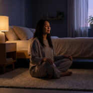 Une femme assise en tailleur sur un tapis dans une chambre sombre, pratiquant la méditation avant de se coucher.