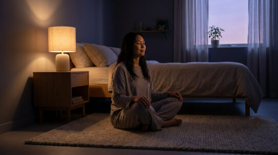 Une femme assise en tailleur sur un tapis dans une chambre sombre, pratiquant la méditation avant de se coucher.