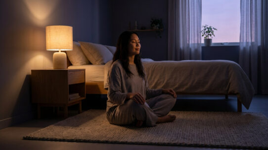 Une femme assise en tailleur sur un tapis dans une chambre sombre, pratiquant la méditation avant de se coucher.