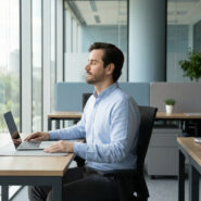 Un employé prend une pause méditative à son bureau moderne avec vue sur l'extérieur.