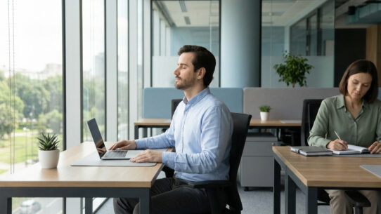 Un employé prend une pause méditative à son bureau moderne avec vue sur l'extérieur.
