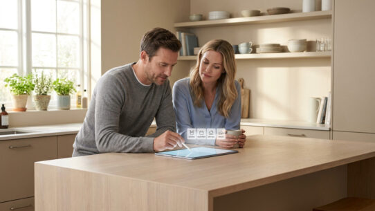 Un couple utilise une tablette numérique ensemble dans une cuisine moderne pour organiser leurs tâches quotidiennes.