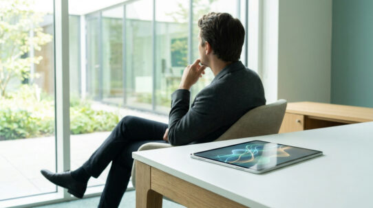Un homme en costume assis dans un cabinet lumineux regarde par la fenêtre, une tablette avec des ondes visuelles à côté.