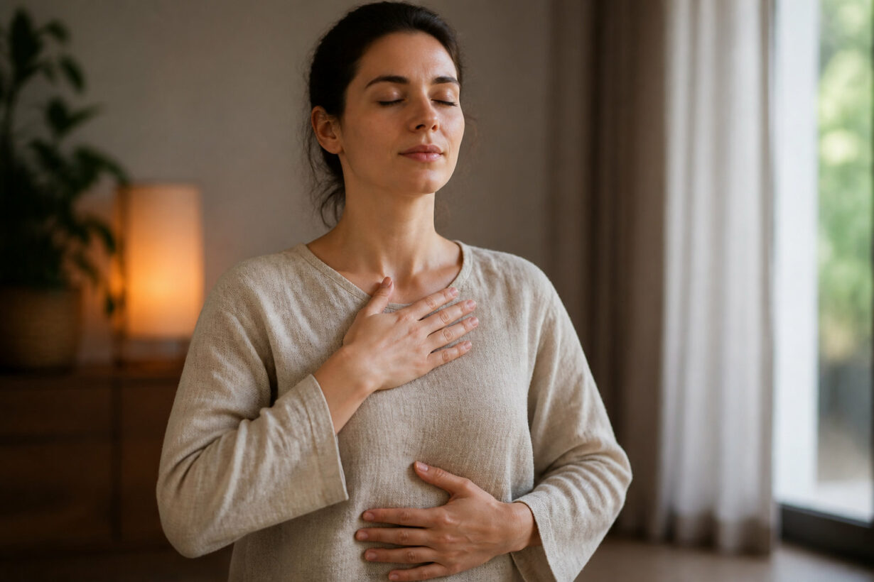 Une femme détendue pratiquant la respiration consciente, une main sur la poitrine et l'autre sur le ventre.