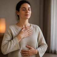 Une femme détendue pratiquant la respiration consciente, une main sur la poitrine et l'autre sur le ventre.