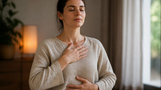 Une femme détendue pratiquant la respiration consciente, une main sur la poitrine et l'autre sur le ventre.