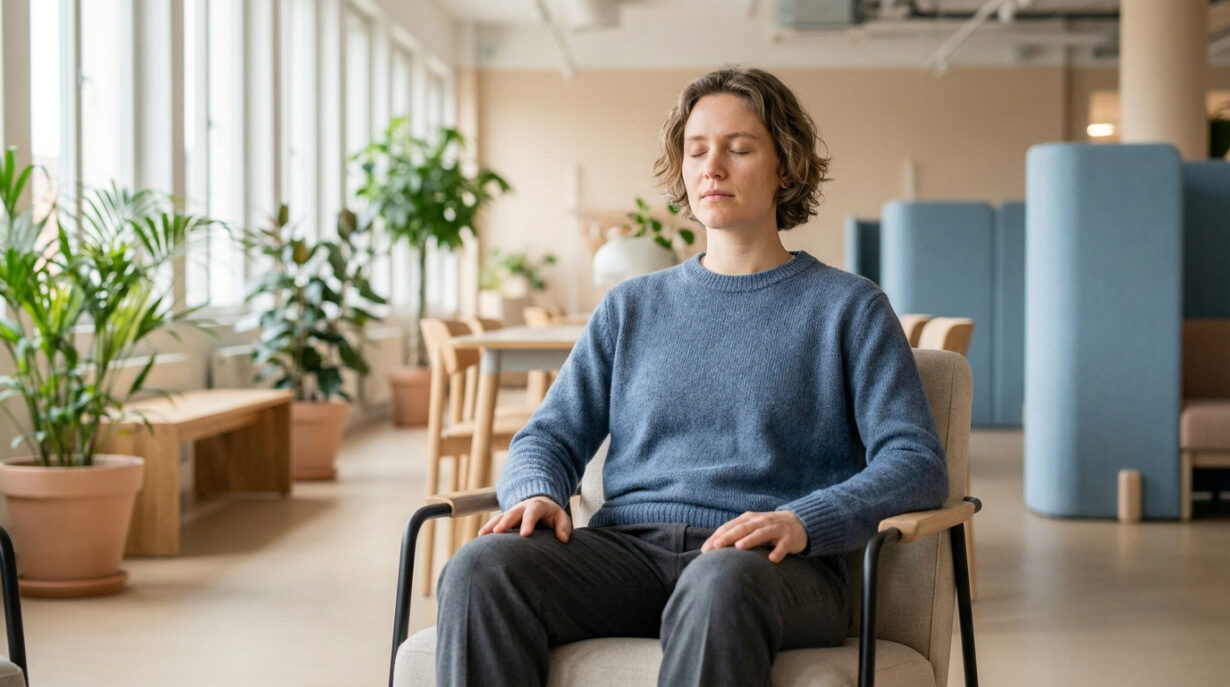 Une personne assise dans un fauteuil au bureau, les yeux fermés et les mains posées sur les cuisses en pleine méditation.