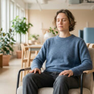Une personne assise dans un fauteuil au bureau, les yeux fermés et les mains posées sur les cuisses en pleine méditation.