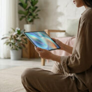 Une femme assise en tailleur chez elle tenant une tablette affichant un fond d'écran abstrait aux couleurs apaisantes.