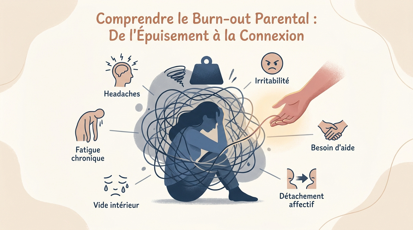 Parent épuisé assis dans une cuisine illustrant le burn-out parental