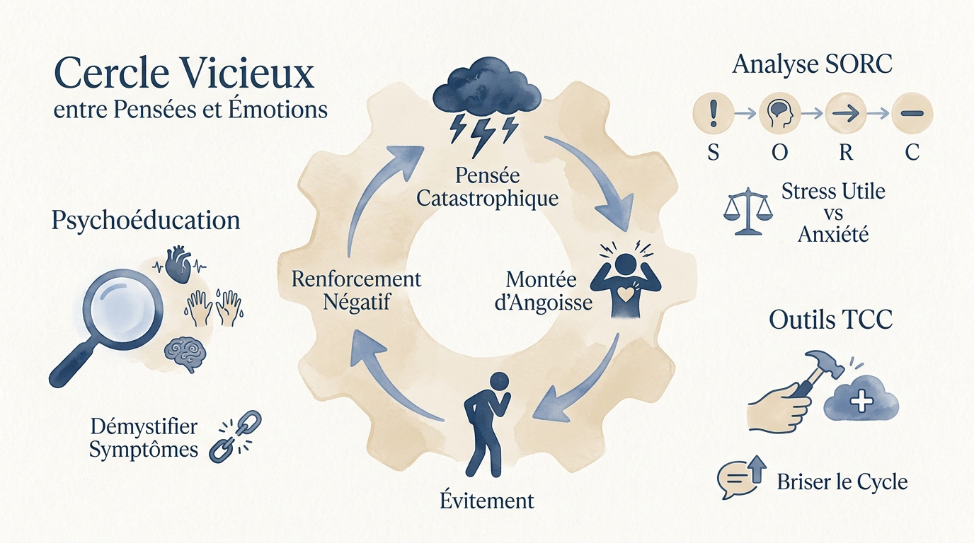 Schéma illustrant le cercle vicieux entre pensées négatives et émotions anxieuses en TCC