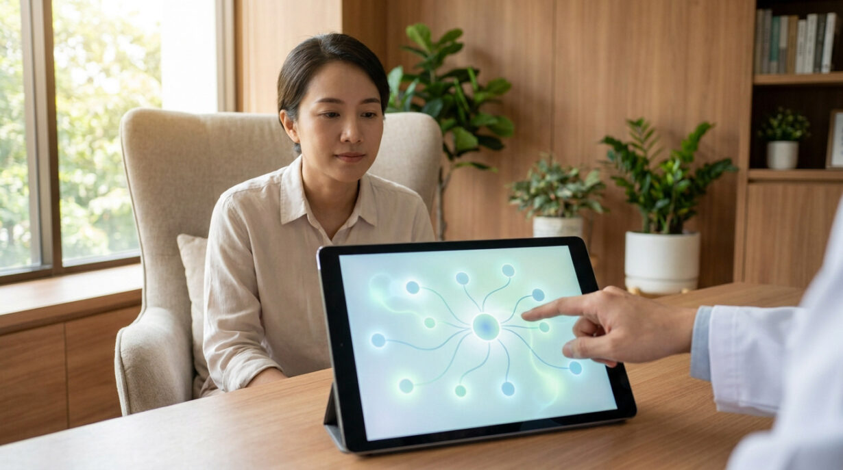 Un psychiatre montre un schéma de parcours de soins sur une tablette à une patiente attentive.