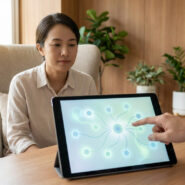 Un psychiatre montre un schéma de parcours de soins sur une tablette à une patiente attentive.