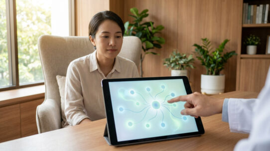 Un psychiatre montre un schéma de parcours de soins sur une tablette à une patiente attentive.