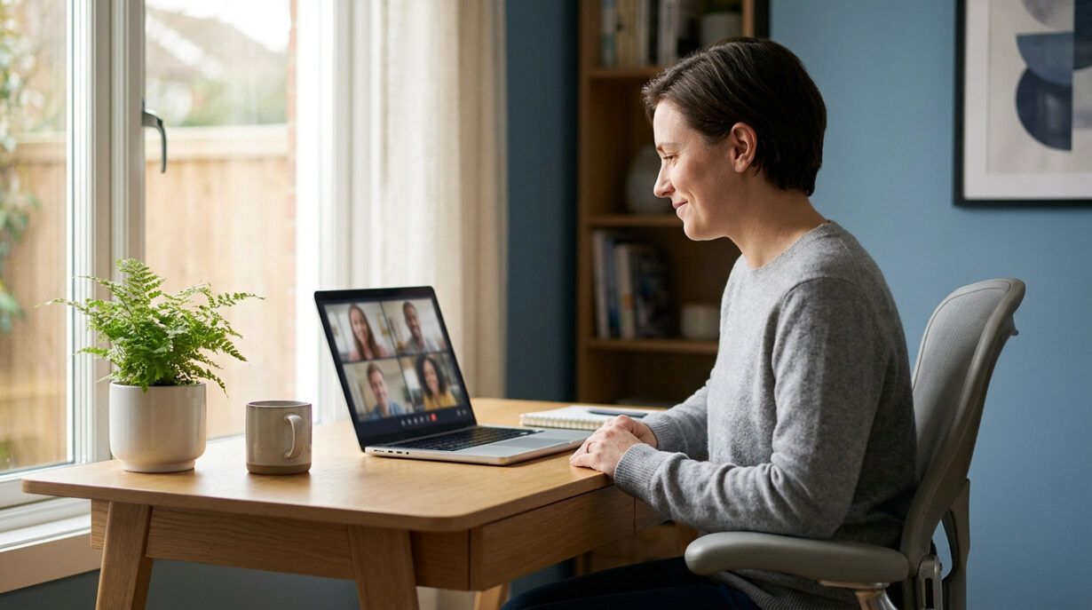 Une femme souriante en visioconférence sur son ordinateur portable, assise à un bureau dans un salon lumineux.