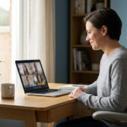 Une femme souriante en visioconférence sur son ordinateur portable, assise à un bureau dans un salon lumineux.