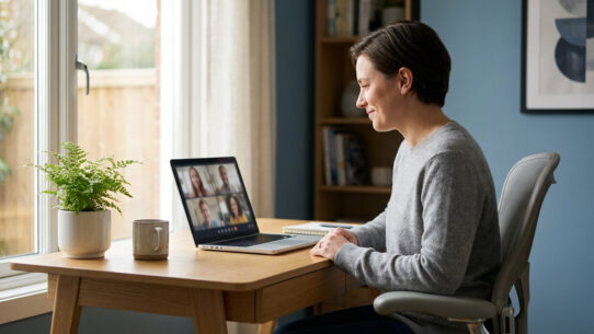 Une femme souriante en visioconférence sur son ordinateur portable, assise à un bureau dans un salon lumineux.