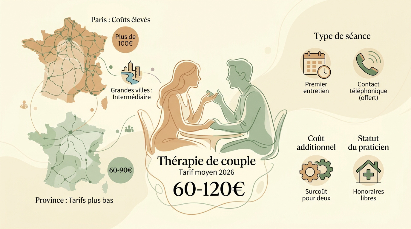 Graphique des tarifs moyens d'une thérapie de couple en France en 2026 selon les régions